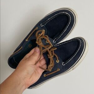 Sperry Dark Blue Deck Shoes with Tan Laces